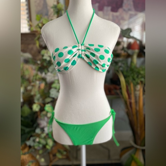 OP Ocean Pacific Bathing Suit Women Size Small Green White Polka Dot Two Piece - Picture 2 of 12